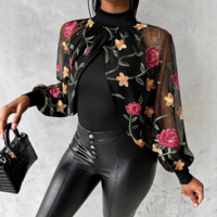 Floral Embroidery Mesh Splicing Long Sleeved Top - Thumbnail 2