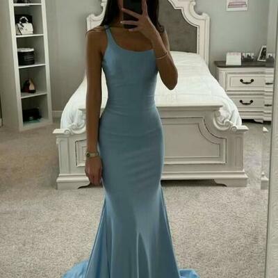 Blue mermaid satin prom dresses evening formal party dress