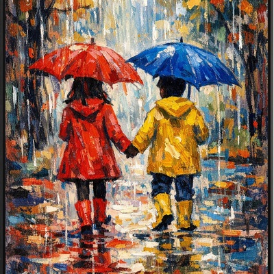 Kids walking in the rain colorful umbrella wall art print