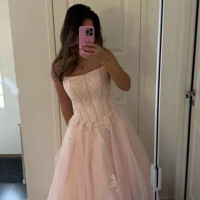 Pink balll gown tulle lace appliques prom dresses evening formal party dress