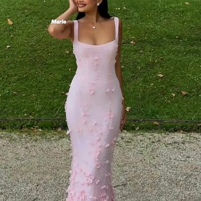 Pink sheath 3d handmade flowers prom dresses evening formal party dress