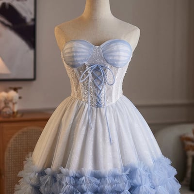Blue and white tulle short a-line prom party dress