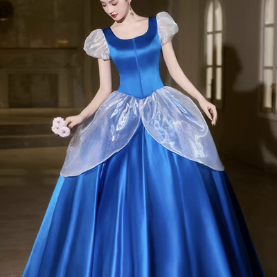 Blue satin long a-line prom princess dress