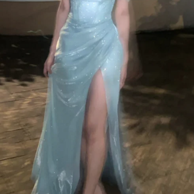 A line off the shoulder baby blue sequin long prom dresses