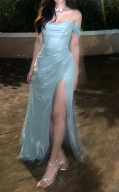 A Line Off the Shoulder Baby Blue Sequin Long Prom Dresses