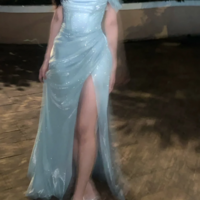 A Line Off the Shoulder Baby Blue Sequin Long Prom Dresses - Thumbnail 1