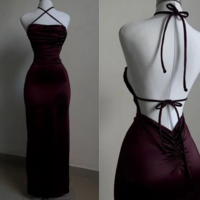 Simple Straps Open Back Burgundy Satin Long Evening Dress - Thumbnail 1