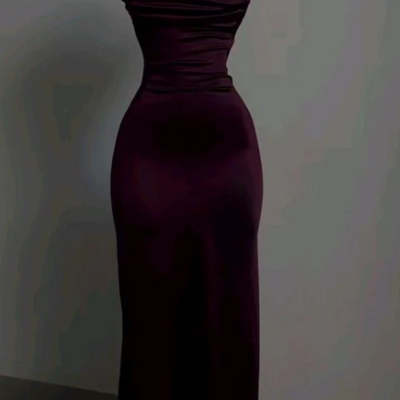 Simple straps open back burgundy satin long evening dress - Thumbnail 1
