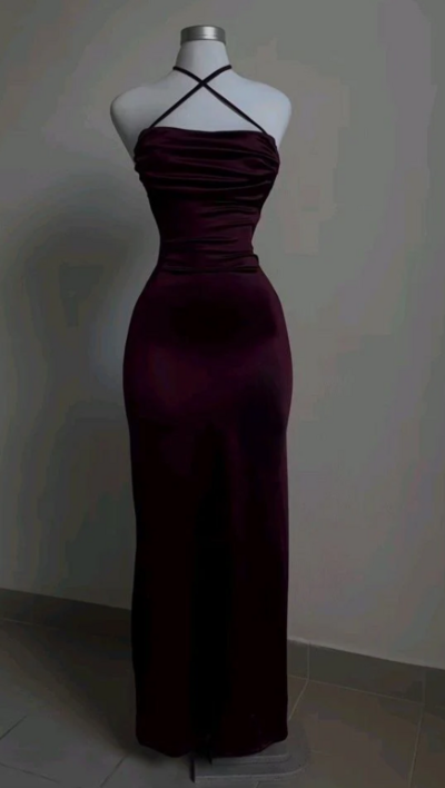 Simple Straps Open Back Burgundy Satin Long Evening Dress