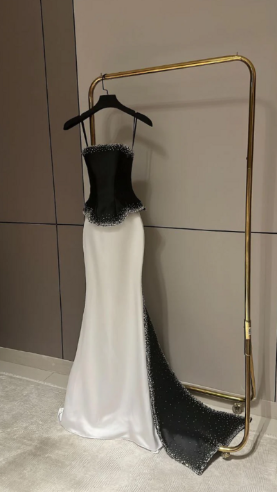 Strapless A Line Long Beaded Mermaid Prom Dress Formal Evening Dress 