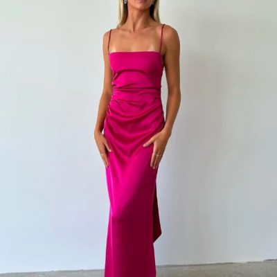 Spaghetti strap rose red stain prom dresses
