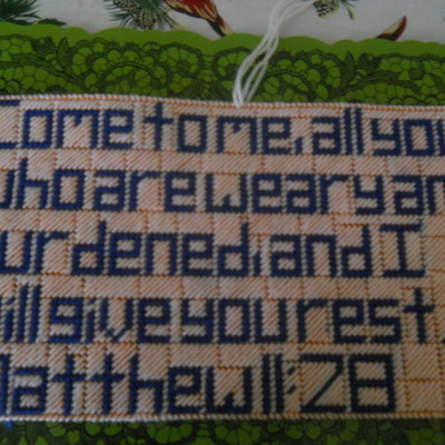 Needlepoint wall hanging:matthew 11:28