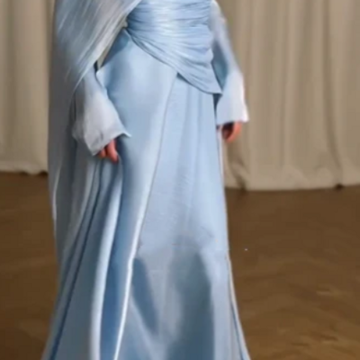 Elegant a line blue tulle pleated long party dress formal evening dress