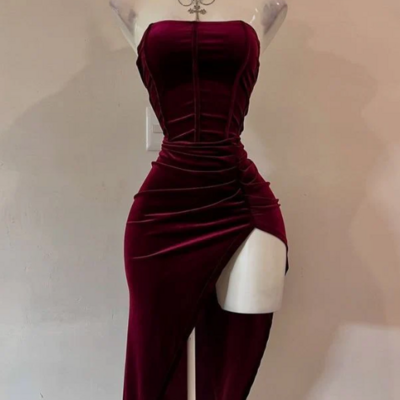 Strapless gurgundy velvet slit tea length prom dresses