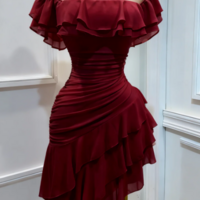 Off Shoulder Pink Chiffon Ruffle Short Prom Dress - Thumbnail 1