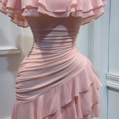 Off shoulder pink chiffon ruffle short prom dress
