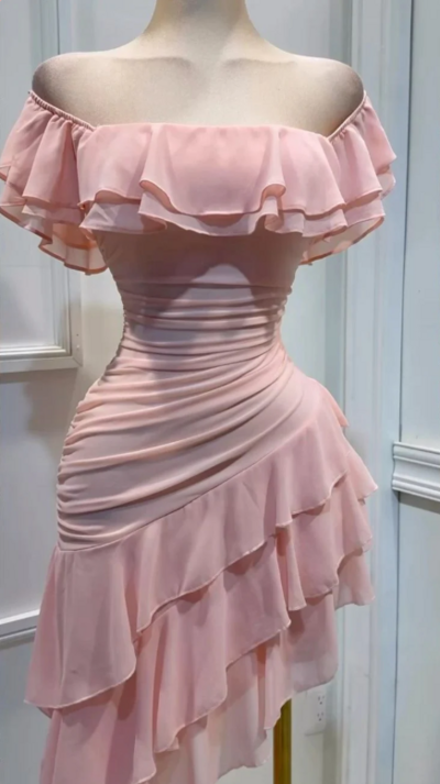 Off Shoulder Pink Chiffon Ruffle Short Prom Dress