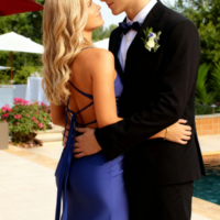 Elegant Blue Stain Backless Silt Prom Dresses - Thumbnail 1