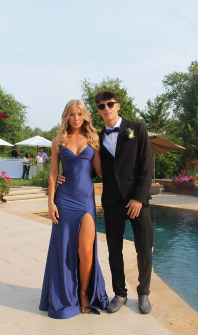 Elegant Blue Stain Backless Silt Prom Dresses