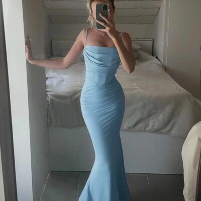Baby blue sheath satin prom dresses evening formal party dress