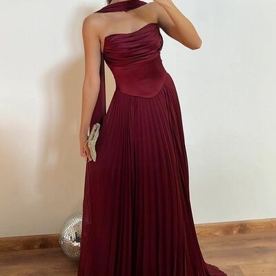 Burgundy a line sleeveless prom dresses evening formal party dress