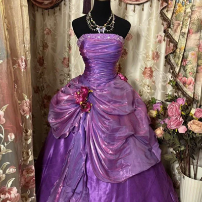 Strapless a line purple long party dresses formal evening dresses