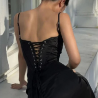 Spaghetti Strap Black Satin Long Sheath Prom Dresses With Lace Up Back - Thumbnail 2