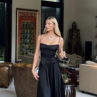 Spaghetti Strap Black Satin Long Sheath Prom Dresses With Lace Up Back - Thumbnail 1