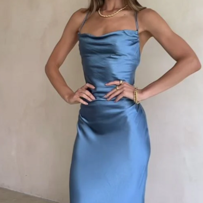 Spaghetti strap sheath blue long lace up back prom dresses