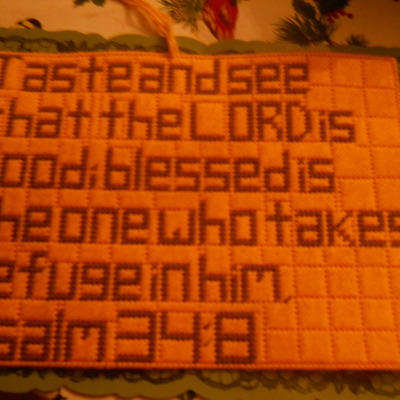 Needlepoint wall hanging:psalm 34:8