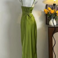 Simple Classy Green Satin Long Birthday Prom Dress Party Dress - Thumbnail 2