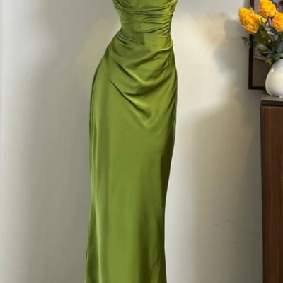 Simple classy green satin long birthday prom dress party dress - Thumbnail 1