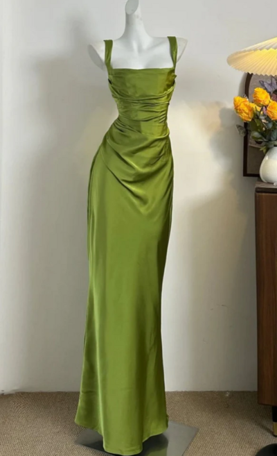 Simple Classy Green Satin Long Birthday Prom Dress Party Dress