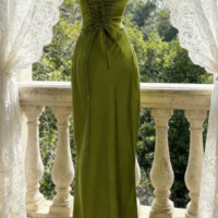 Simple Classy Green Satin Long Birthday Prom Dress Party Dress - Thumbnail 1