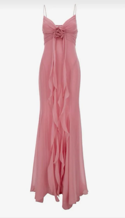 Sheath Spaghetti Straps Pink Floor Length Chiffon Prom Dresses