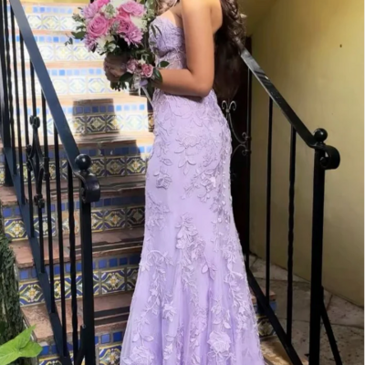 Elegant sleeveless lilac mermaid lace prom dresses evening dresses - Thumbnail 2
