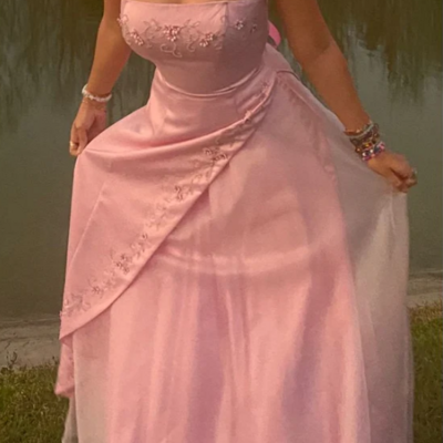 Floor length a line strapless pink chiffon long prom dresses with beading