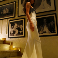Mermaid Strapless Ivory Satin Pleated Lace Evening Dresses - Thumbnail 1