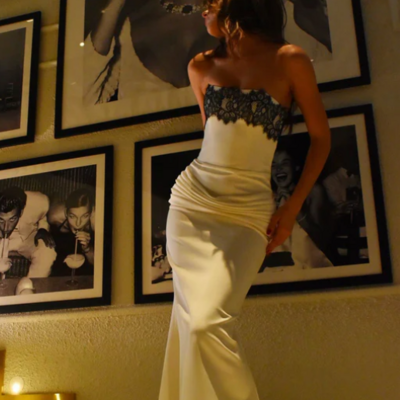 Mermaid strapless ivory satin pleated lace evening dresses - Thumbnail 1