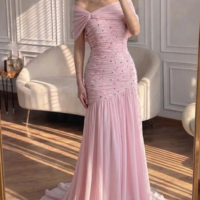 A-Line Luxury Pink Chiffon Beaded Evening Dresses - Thumbnail 1