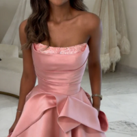 A Line Strapless Pink Satin Long Evening Dresses With Beading - Thumbnail 1