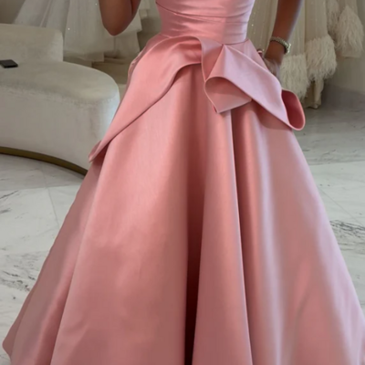 A line strapless pink satin long evening dresses with beading