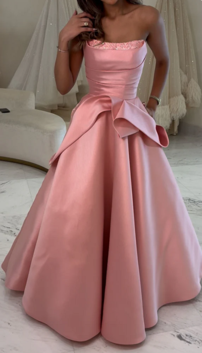 A Line Strapless Pink Satin Long Evening Dresses With Beading
