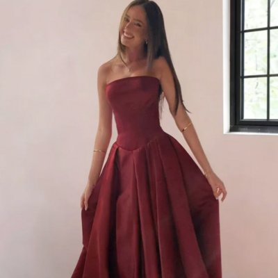 Burgundy strapless satin pleated long prom dress formal evening dress
