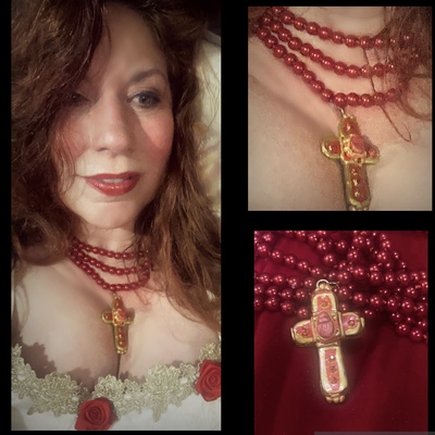 Elizabeth red scarab beetle cross rosary necklace frankenstein