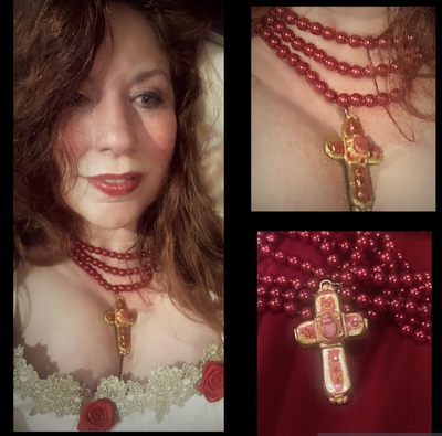 Elizabeth Red Scarab Beetle Cross Rosary Necklace Frankenstein