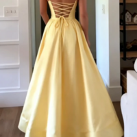 Spaghetti Straps A Line Pastel Yellow Satin Prom Dresses - Thumbnail 1