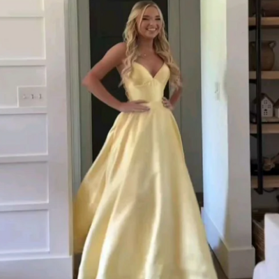 Spaghetti straps a line pastel yellow satin prom dresses