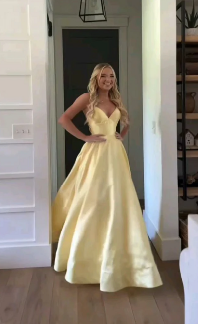 Spaghetti Straps A Line Pastel Yellow Satin Prom Dresses