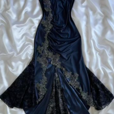Spaghetti straps navy blue mermaid lace prom dress party dress